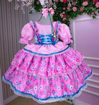 Vestido Junino Infantil Rosa Bebê Quermesse Chique com Babados e Laços Elegante