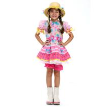 Vestido Junino Infantil Rosa Luxo com Culote e Chapéu Caipira