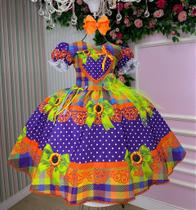 Vestido Junino Luxo Roxo e Laranja - Arraia do Coração Roxo Vestido Junino Luxo Roxo e Laranja - Arraia do Coração Roxo