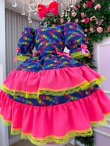 Vestido Junino Menina Banana Club Luxo Bandeirinhas Coloridas Babados Renda Neon Vestido Junino Menina Banana Club Luxo Bandeirinhas Coloridas Babados Renda Neon