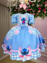 Vestido Junino Temático Luxo Lilo Stitch Azul Bebê Modelo 2 Vestido Junino Temático Luxo Lilo Stitch Azul Bebê Modelo 2
