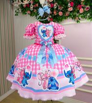 Vestido Junino Temático Luxo Lilo Stitch Rosa Bebê - Modelo 2