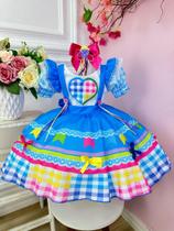Vestido Junino Xadrez Infantil Azul Coração Festa Junina Caipira Quadrilha Laço Quadrilha Sinhá Luxo