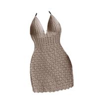 Vestido Justo De Verão Com Alças Finas, Decote Em V, Detalhes Vazados E Miçangas De Madeira Nas