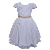Vestido Juvenil Curto Bordado Saia Lisa Com Cinto Dourado