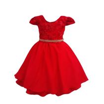 Vestido Juvenil Curto Bordado Saia Lisa Com Cinto Dourado
