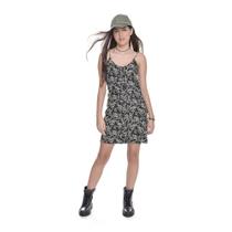 Vestido Juvenil Feminino Amofany Viscose Floral Com Botões - PRETO - P