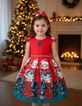 Vestido Juvenil Infantil Menina Estampa Natal Urso E Flores