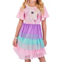 Vestido Juvenil Menina Kukiê Tule Unicórnio Rosa - 789591 Vestido Juvenil Menina Kukiê Tule Unicórnio Rosa - 789591