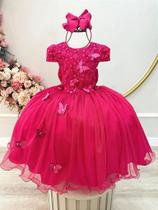 Vestido Juvenil Midi de Formatura Pink com Apliques de Flores e Borboletas para Festas Vestido Juvenil Midi de Formatura Pink com Apliques de Flores e Borboletas para Festas