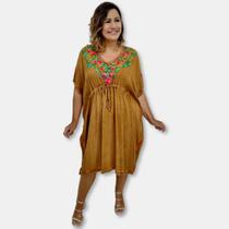 Vestido Kaftan Curto liso com Bordados Indianos Florais