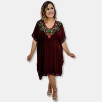 Vestido Kaftan Curto liso com Bordados Indianos Florais