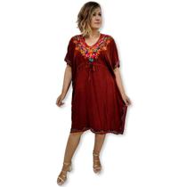 Vestido Kaftan Curto liso com Bordados Indianos Florais