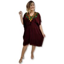 Vestido Kaftan Curto liso com Bordados Indianos Florais