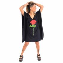 Vestido Kaftan Gola V Estampado Flor Rosa Feminino