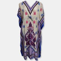 Vestido Kaftan Longo Plus Size Estampa Indiana Poá e Flores