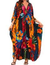 Vestido Kaftan MAKABO feminino plus size com estampa floral colorida