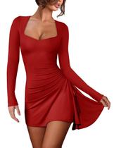 Vestido Lady Bodycon, manga comprida, gola quadrada, vermelho, feminino Vestido Lady Bodycon, manga comprida, gola quadrada, vermelho, feminino