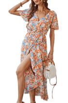 Vestido largo amarillo con cuello en V cruzado y estampado floral PRETTYGARDEN para mujer