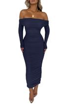 Vestido Largo PRETTYGARDEN con Hombros Descubiertos y Fruncido en Azul Marino Talle S Vestido Largo PRETTYGARDEN con Hombros Descubiertos y Fruncido en Azul Marino Talle S