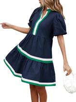 Vestido LifeShe de manga folhada Babydoll com decote em V, azul marinho, listrado Vestido LifeShe de manga folhada Babydoll com decote em V, azul marinho, listrado