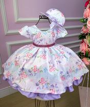Vestido Lilas Flores e Borboletas com chapéu