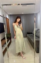 Vestido linho listrado alça decote em v