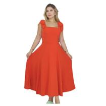 Vestido Linho Midi Godê Plus Size Laço Ombro Rodado Longo