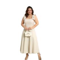 Vestido Linho Midi Godê Plus Size Laço Ombro Rodado Longo - ANNEGUERRAMODAS