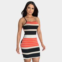 Vestido Listras Curto na Alcinha Azul Ciano Tubinho com Fenda Vestido Listras Curto na Alcinha Azul Ciano Tubinho com Fenda