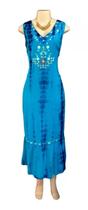 Vestido Longo Alça Tie Dye Bordado, Em Viscose, Azul, T: G