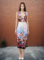 Vestido Longo, Algodão, Acinturado, Decote Profundo, T: P