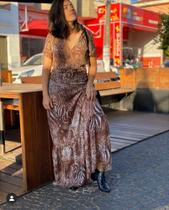 Vestido longo animal print onça crepe festa