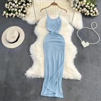 Vestido Longo Azul e Roxo - Malha, Sem Alças e Cintura Elástica - Ideal para Verão e Praia