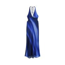 Vestido Longo Azul Estampado Com Laço E Decote V, Elegante E Moderno Para Outono 2025 Vestido Longo Azul Estampado Com Laço E Decote V, Elegante E Moderno Para Outono 2025