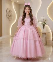 Vestido Longo Bella Child Rosa Bebê com Bordados e Tule