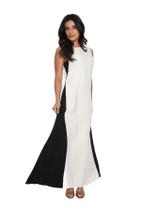 Vestido Longo Bicolor, Preto e Branco, Nesga Lateral, Sem Mangas, Elegante hzves001 Vestido Longo Bicolor, Preto e Branco, Nesga Lateral, Sem Mangas, Elegante hzves001