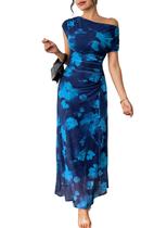 Vestido Longo BLENCOT Floral Ombro a Ombro com Franzido Azul Vestido Longo BLENCOT Floral Ombro a Ombro com Franzido Azul