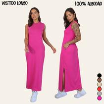 Vestido Longo Blogueira Feminino Cavado Conforto 100 Algodão,Macio com Bolsos,Fenda na Lateral Vestido Longo Blogueira Feminino Cavado Conforto 100 Algodão,Macio com Bolsos,Fenda na Lateral