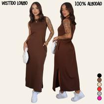Vestido Longo Blogueira Feminino Cavado Conforto 100 Algodão,Macio com Bolsos,Fenda na Lateral