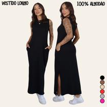 Vestido Longo Blogueira Feminino Cavado Conforto 100 Algodão,Macio com Bolsos,Fenda na Lateral Vestido Longo Blogueira Feminino Cavado Conforto 100 Algodão,Macio com Bolsos,Fenda na Lateral