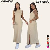 Vestido Longo Blogueira Feminino Cavado Conforto 100 Algodão,Macio com Bolsos,Fenda na Lateral Vestido Longo Blogueira Feminino Cavado Conforto 100 Algodão,Macio com Bolsos,Fenda na Lateral