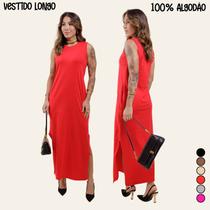Vestido Longo Blogueira Feminino Cavado Conforto 100 Algodão,Macio com Bolsos,Fenda na Lateral Vestido Longo Blogueira Feminino Cavado Conforto 100 Algodão,Macio com Bolsos,Fenda na Lateral