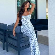 Vestido Longo Bodycon Com Estampa Floral E Alças Finas Para Mulheres, Elegante Para Primavera E Vestido Longo Bodycon Com Estampa Floral E Alças Finas Para Mulheres, Elegante Para Primavera E