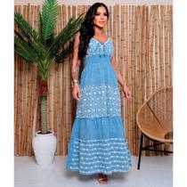 Vestido Longo Boho Chic Indiano Tipo Jeans Bordado e Lesi