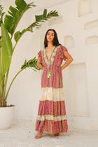 Vestido Longo Boho com Estampa Floral e Bordado Dourado 5063 Vestido Longo Boho com Estampa Floral e Bordado Dourado 5063