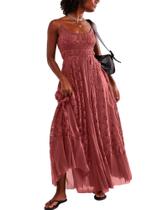 Vestido longo boho Gacaky em renda floral rosa, tamanho pequeno Vestido longo boho Gacaky em renda floral rosa, tamanho pequeno