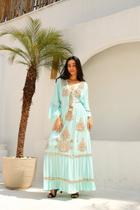 Vestido Longo Boho Luxo com Bordado Dourado e Manga Flare 6019 Vestido Longo Boho Luxo com Bordado Dourado e Manga Flare 6019