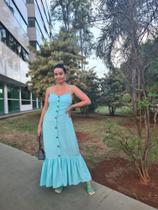 Vestido longo botões verde agua turquesa forrado calor verão elegante com bojo