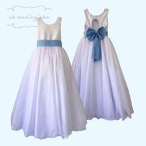 Vestido Longo branco Faixa Lisa Azul Infantil com Saia Tule Branco faixa REF4072 Vestido Longo branco Faixa Lisa Azul Infantil com Saia Tule Branco faixa REF4072